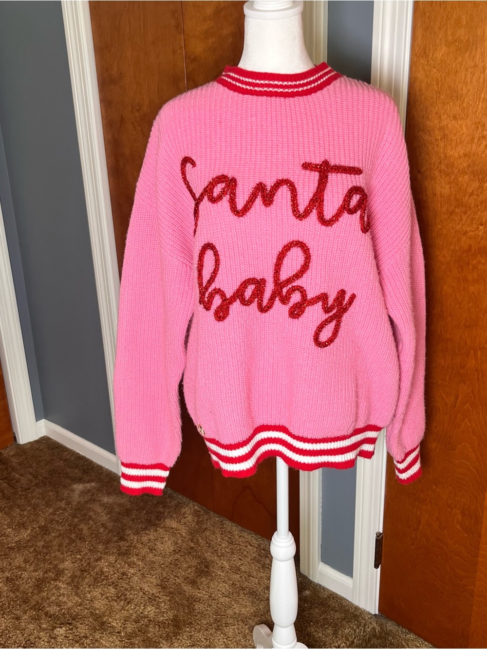 Simply Southern Pink Holiday 'Santa Baby' Crew Sweater with Red Trim. Size XL.